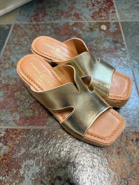 Chinese Laundry Metallic Gold Leather Slide Mules
